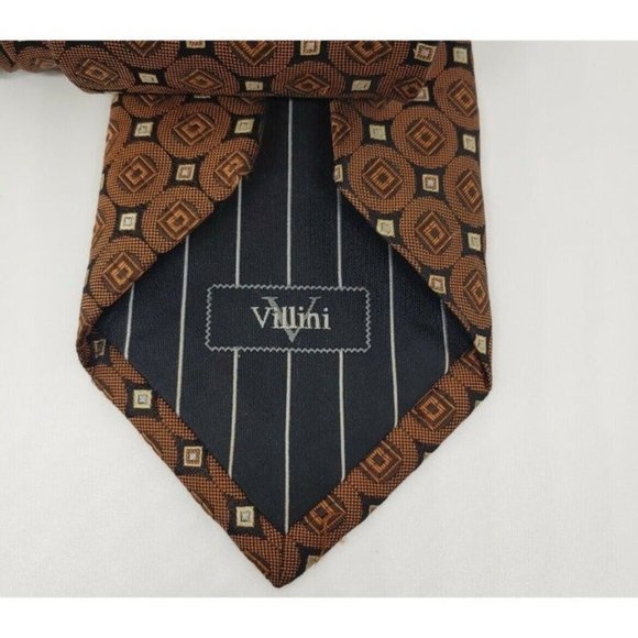 VILLINI Handmade Men's Silk Tie Brown Black Gold Geometric Square Neckwear - Picture 8 of 8